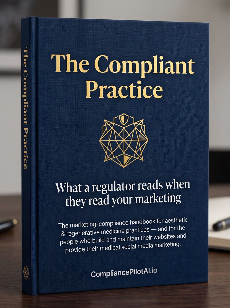 The Compliant Practice — What a regulator reads when they read your marketing.
                The marketing-compliance handbook for aesthetic and regenerative medicine practices.