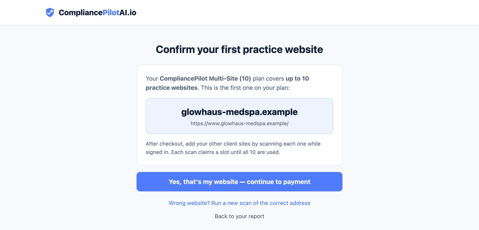 Confirmation screen: the Multi-Site 10 plan covers up to 10 practice websites, with the first client site shown before payment