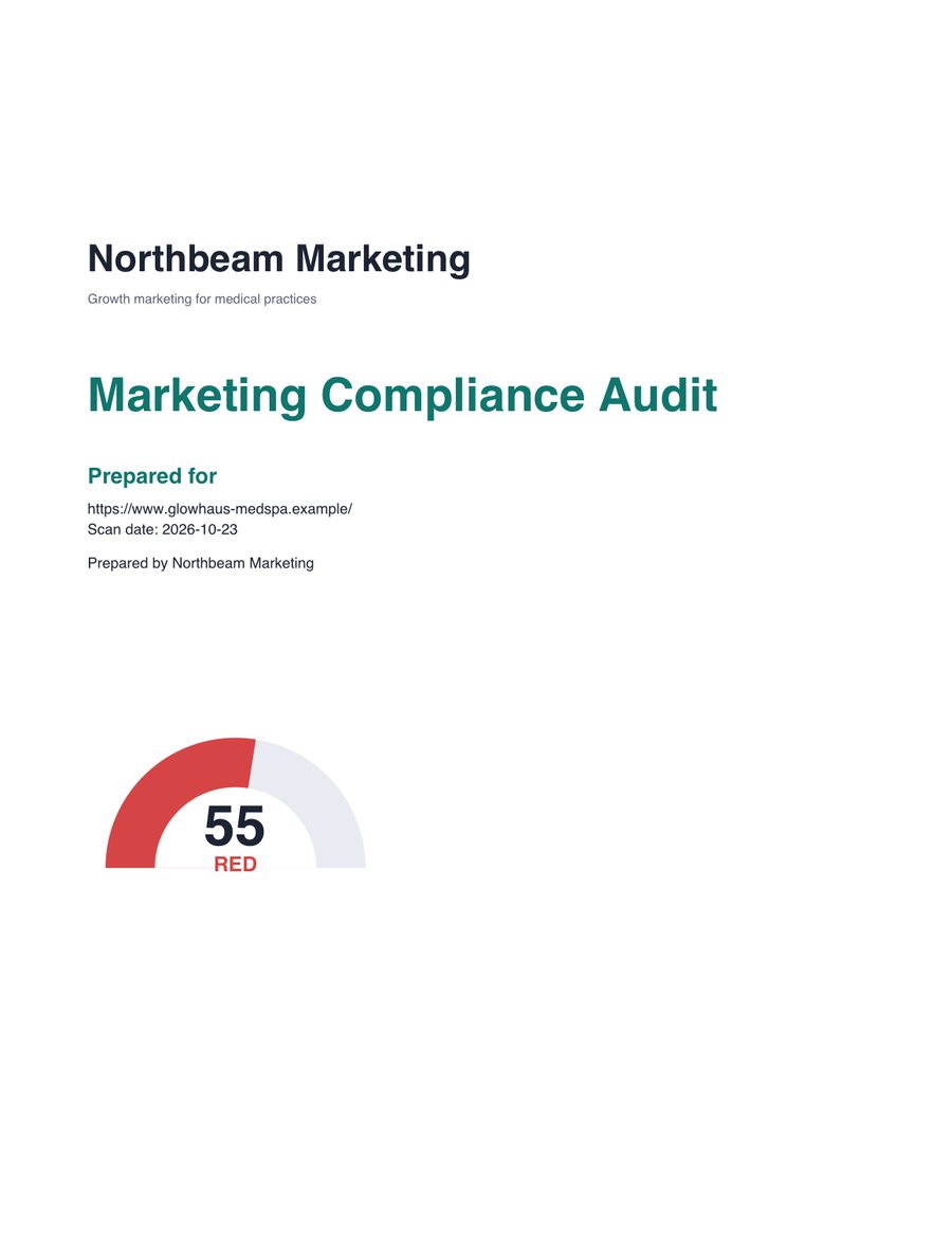 PDF report cover branded Northbeam Marketing, prepared for a client website, with a score gauge