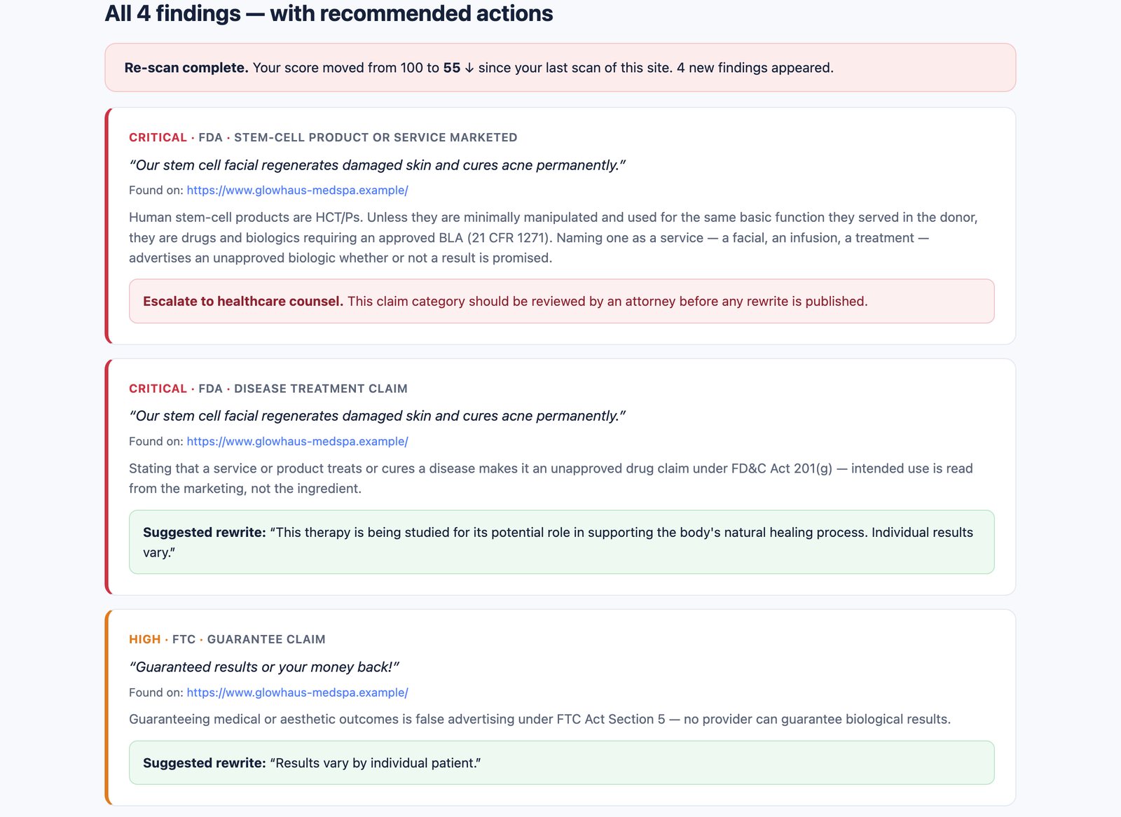 Findings with the quoted sentence, the regulation behind it, and either a suggested rewrite or a recommendation to escalate to healthcare counsel